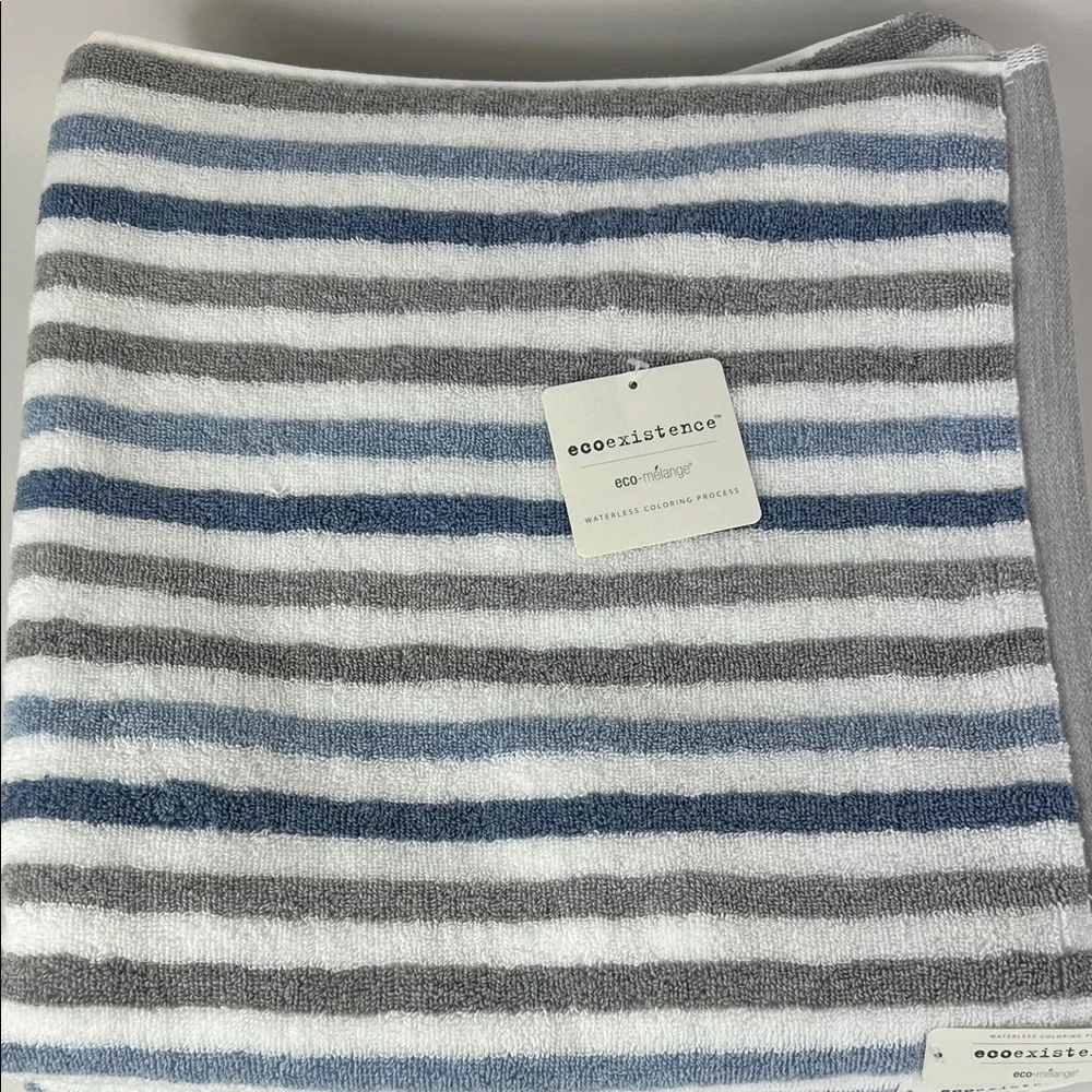 Ecoexistence Bath Towels eco-melange Blue Gray White Striped Cotton 2 pc NEW